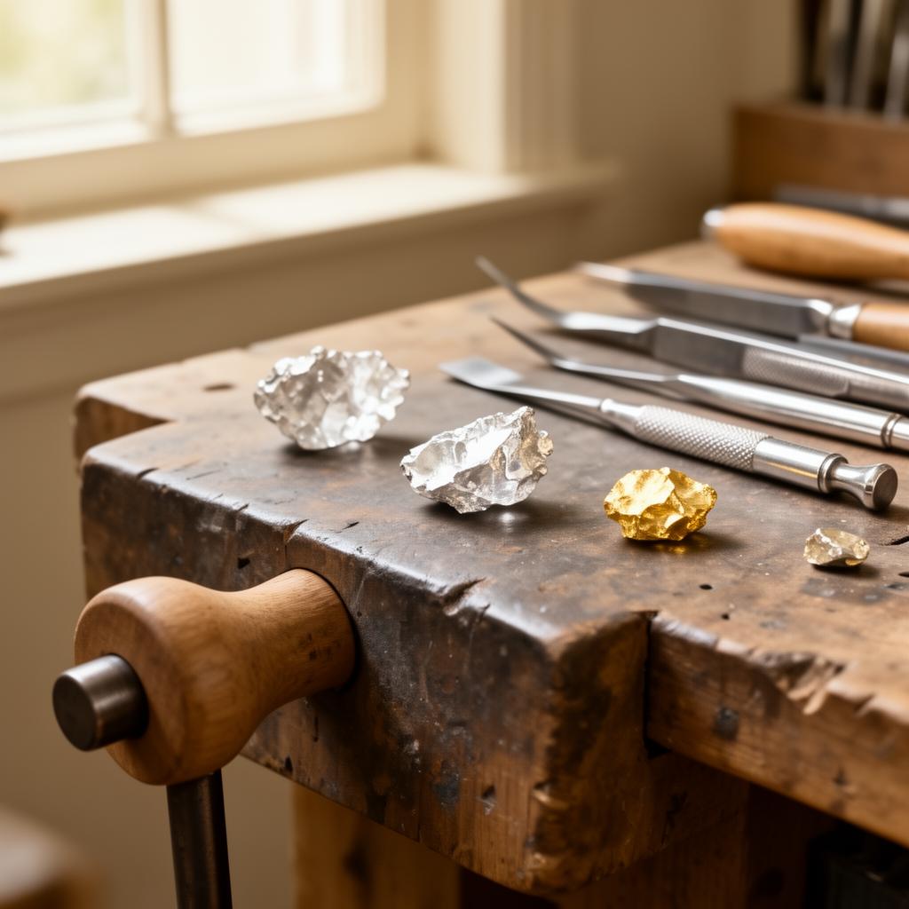 A silversmith's workbench with raw silver, gold, and hand tools