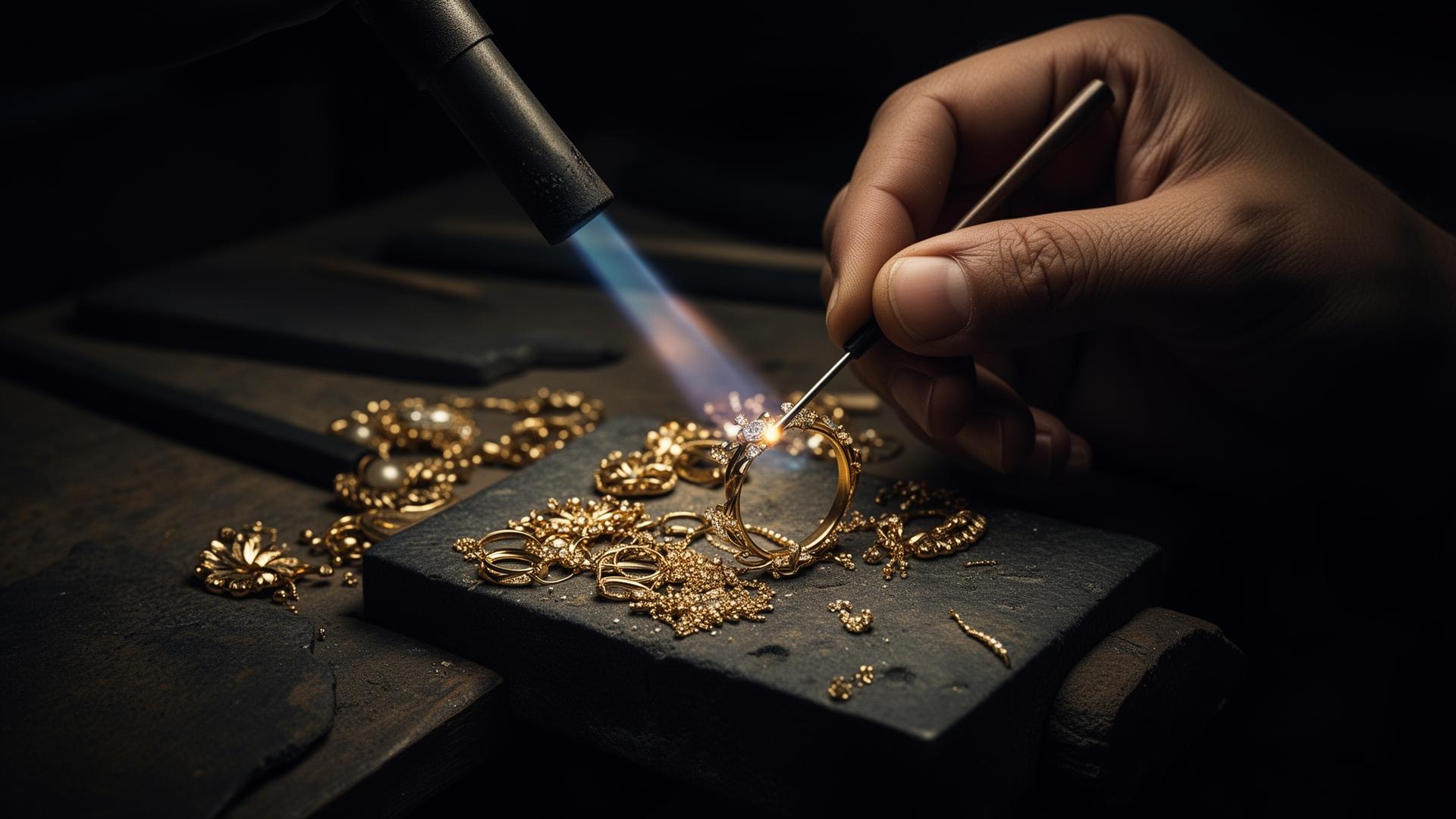 A jeweller soldering fine gold metalwork at the bench